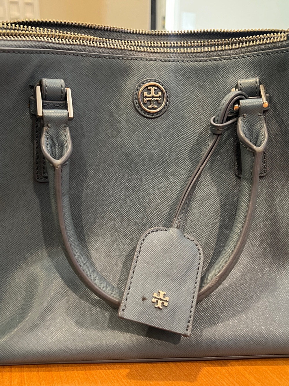 Tory Burch Black Saffiano Leather Shoulder Tote with Gold Logo